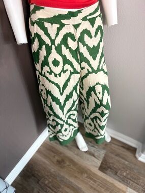 Rachel Zoe Green and Cream Wide-Leg Patterned Pants
